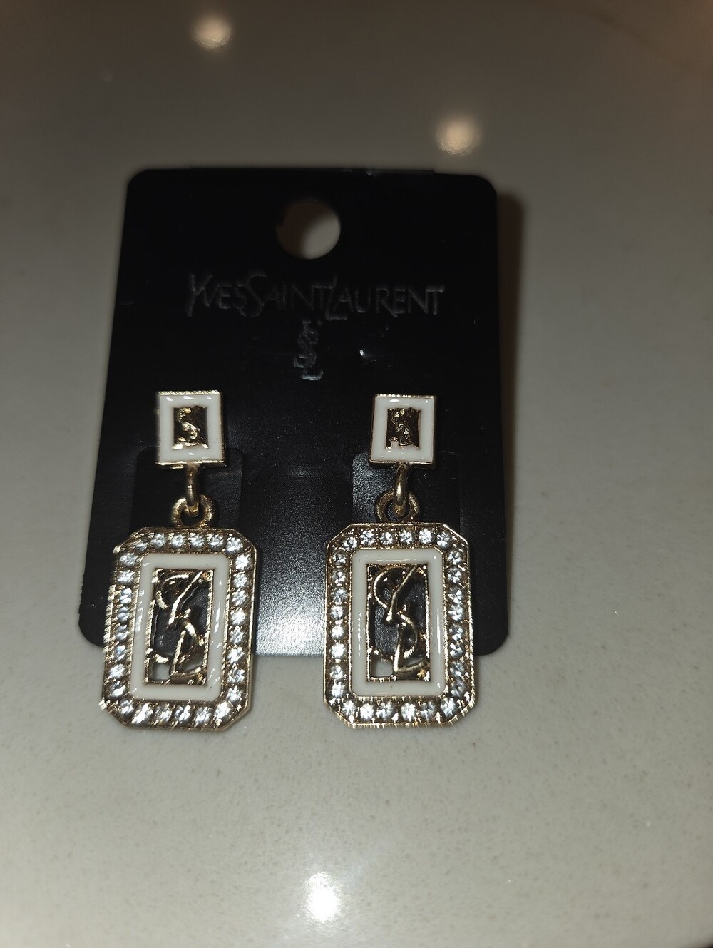 White and Gold Pavé Logo Drop Earrings